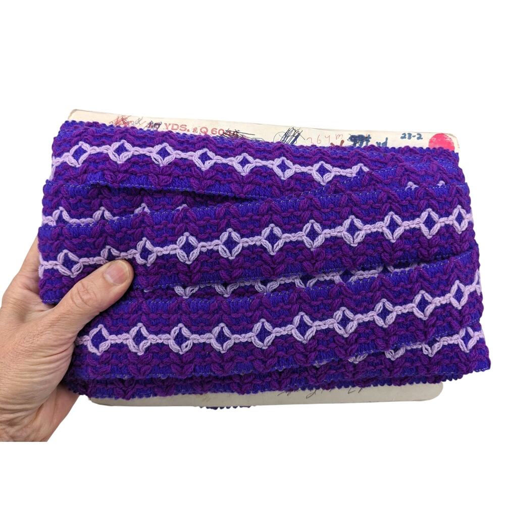 SALE! 15 YDS EMBROIDERED TRIM Vintage 1970's Neon Purple 1.75" Wide Acrylic Yarn